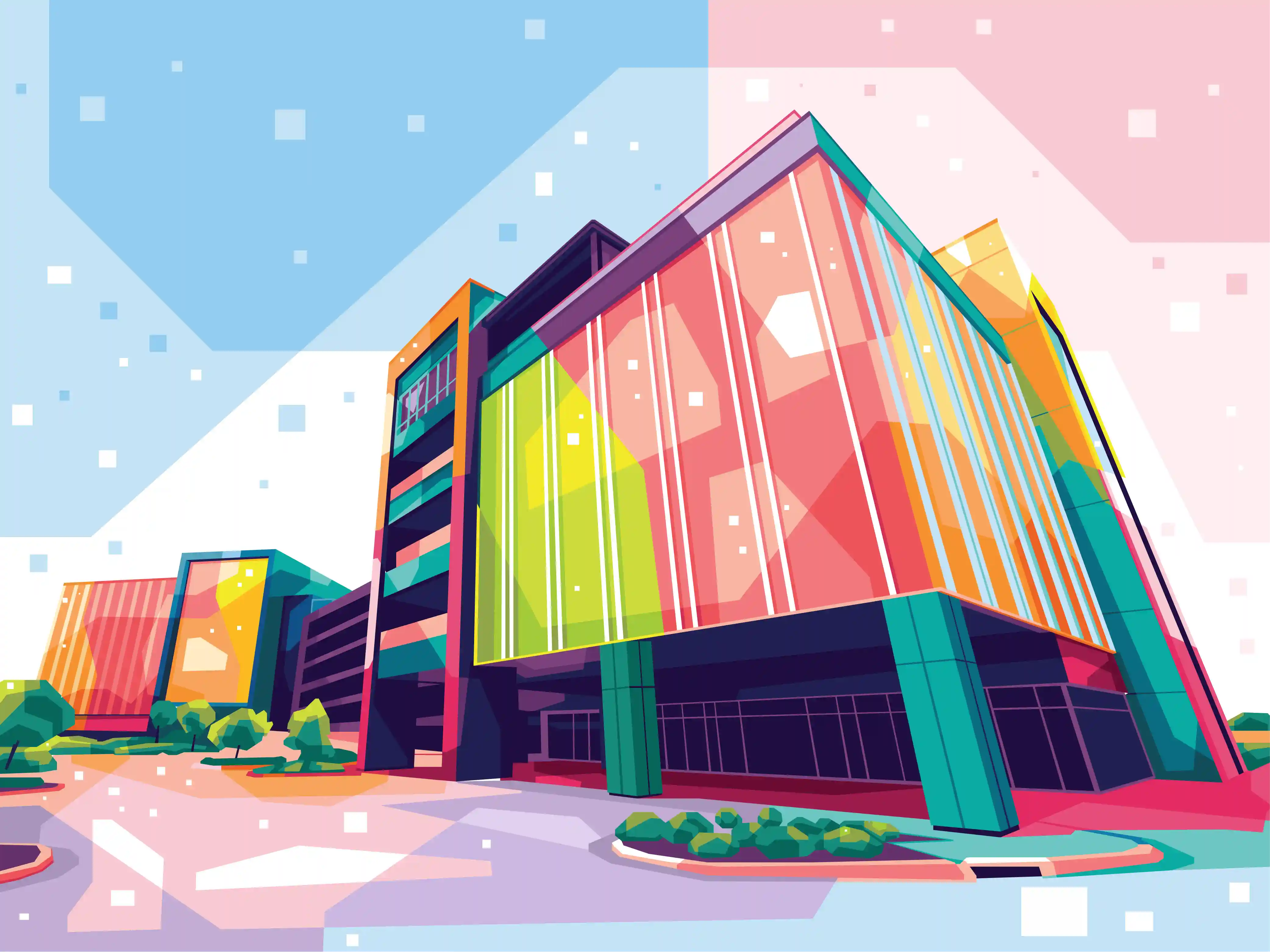 WPAP style illustration of a glass office building seen from below.